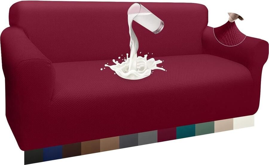 Dikke waterdichte bankhoes 1 stuk luxe dikke bankhoes voor honden chique jacquard elastische bankhoes meubelhoezen met antislipschuim (3-zits wijnrood)