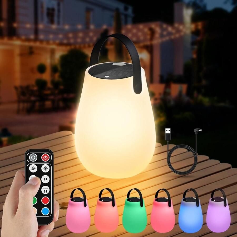 Dimbare draadloze tafellamp op zonne-energie en USB-oplaadbaar voor binnen en buiten 8 kleuren met afstandsbediening IP44 waterdicht tafel tuin camping slaapkamer