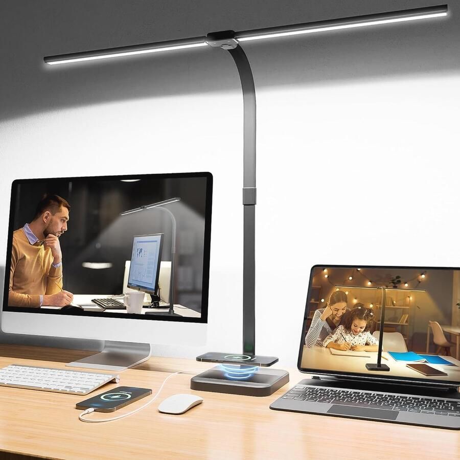 Dimbare LED Bureaulamp met Draadloos Opladen en USB-oplaadfunctie 80 cm Verstelbare Zwanenhals 5 Kleuren & Helderheidsniveaus