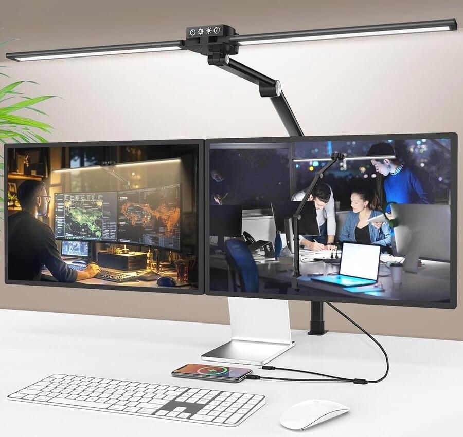 Dimbare LED Bureaulamp met Gebarenbesturing en USB-C Extra Brede Dubbele Kop en Oogbescherming Ideaal voor Thuiswerk