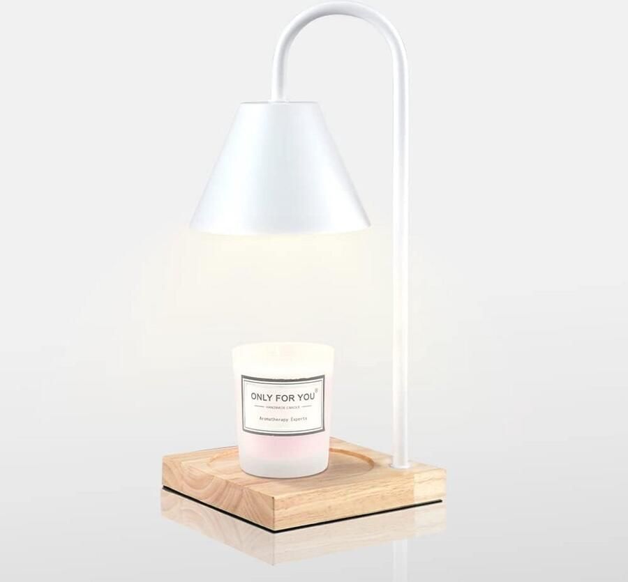 Dimbare Metalen Bureaulamp met Houten Basis en Kaarsverwarming Compatibel met Geurkaarsen (Wit)