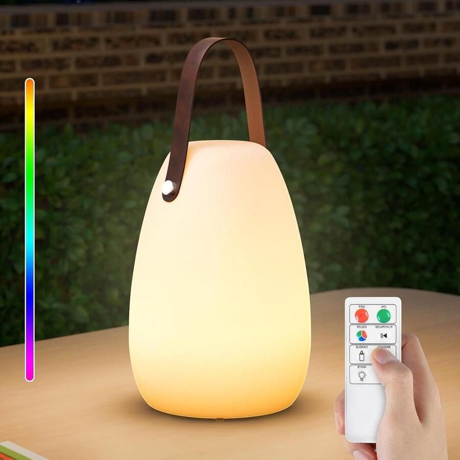 Dimbare outdoor tafellamp met handgrepen van leer draadloze LED-accu tafellamp warmwit 8 kleuren kleurverandering draagbare tuinlamp voor slaapkamer buiten BBQ tuin (glad)