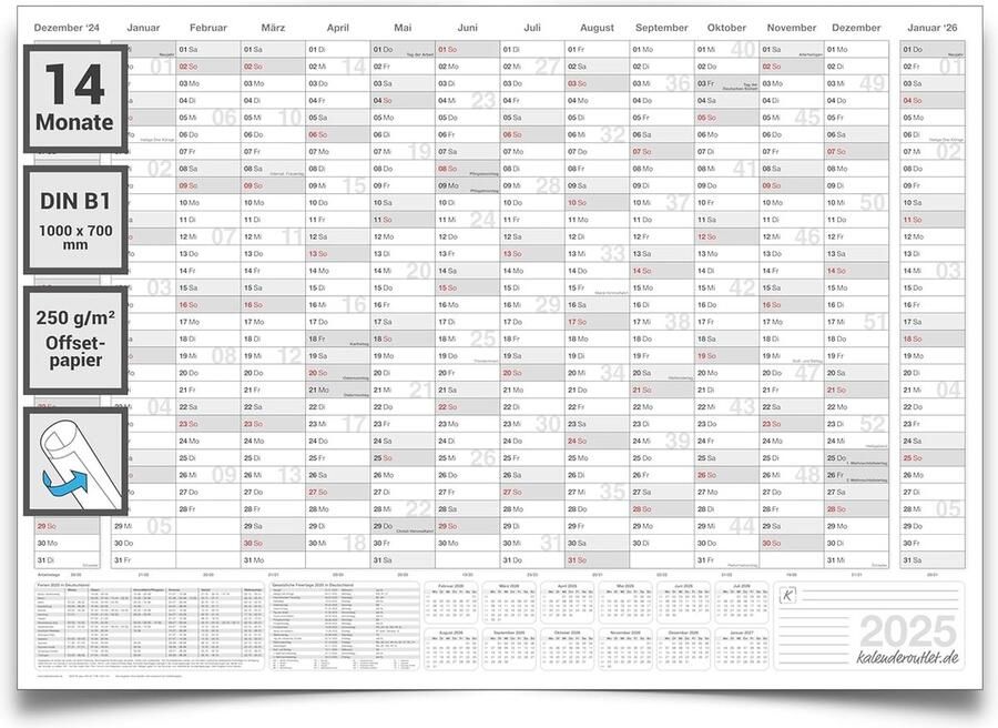 Din B1 Jaarplanner 2025 Wandkalender met 14 Maanden Overzicht 100x70 cm