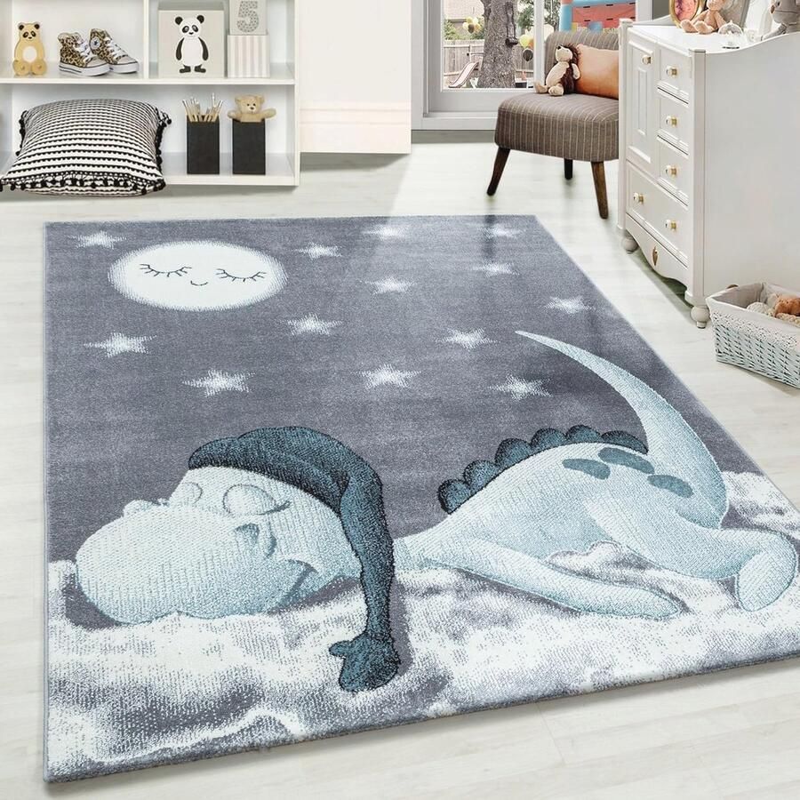 Dino Kindertapijt Blauw 80 x 150 cm Vloerkleed voor Kinderen Veilig en Zacht voor de Kinderkamer
