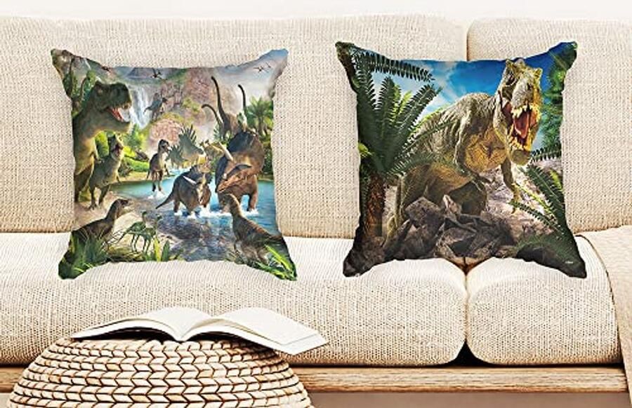 Dino Kussenhoezen Set van 2 Groene T-Rex Motieven 45x45 cm Kussensloop zonder Vulling voor Bank en Bed