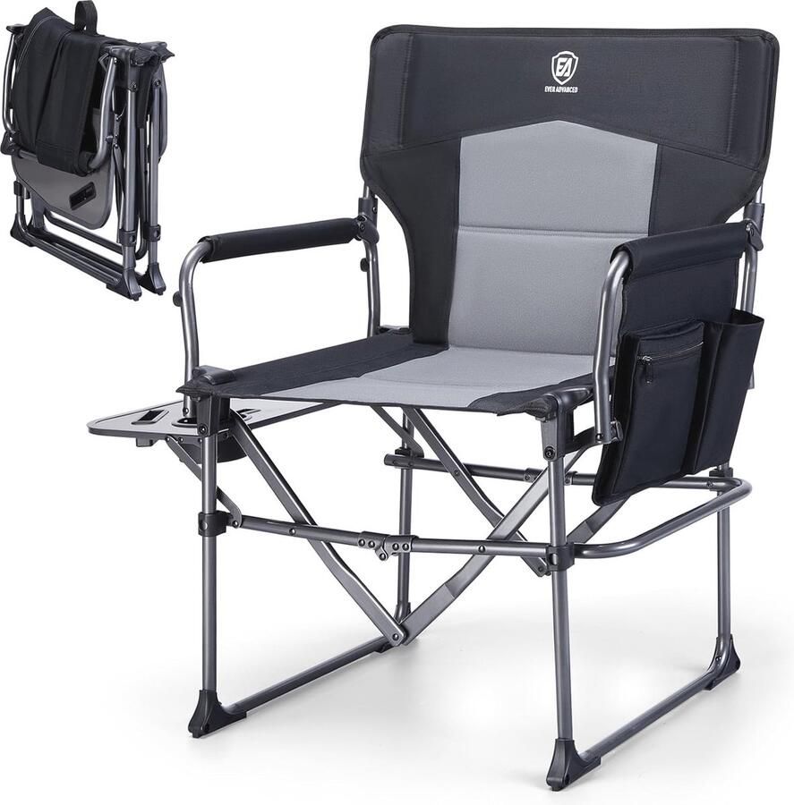 Directeursstoel voor volwassenen Extra grote campingstoel Draagbare klapstoel voor zware mensen met zijvak Ondersteunt tot 180 kg