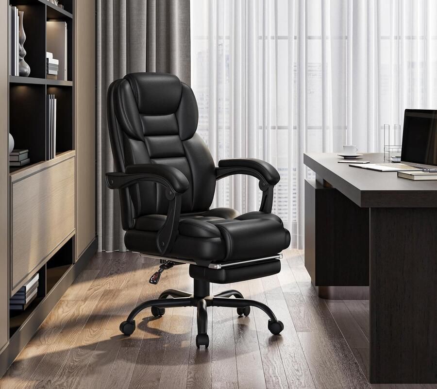 Directeursstoel ergonomische bureaustoel met voetensteun bureaustoel met hoge rugleuning computerstoel met adaptieve armleuningen voor werkkamer 360 graden draaibaar zwart