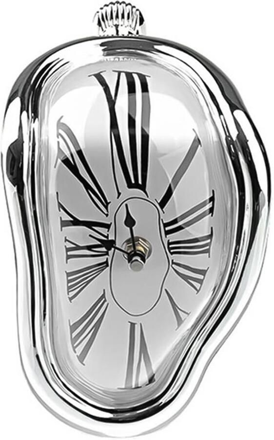 Distorted Table Clock Decorative Salvador Dali Style Watch Fused Clock for Office Shelf Desk Silver Abstract Time Meter