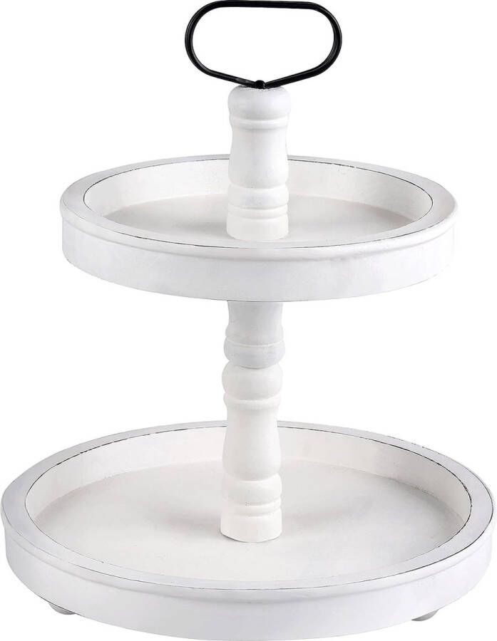 Distressed Rustic Brown Wood Two-Dier Tray met metalen handvat decoratieve organizer voor keukenaanrechtblad eetkamer tafel (wit)