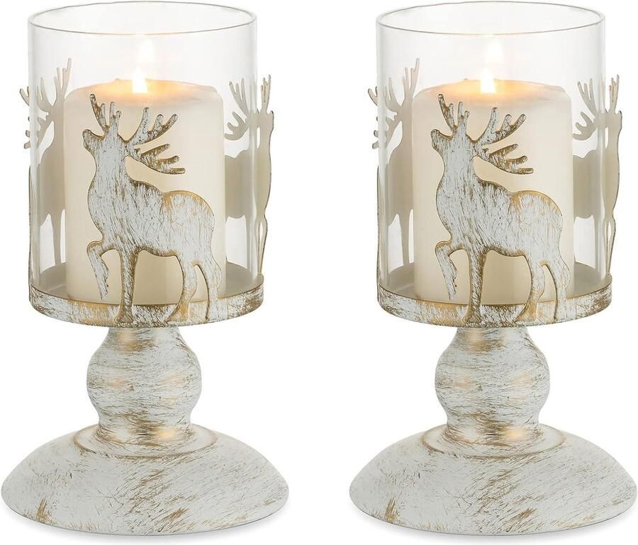 Distressed Stag Kaarsenhouders Set van 2 Vintage Herten Pijler Kaarshouder Rendieren Theelichthouders voor Kerst Tafel Middelpunt Mantel Open haard Eetkamer Woonkamer Thuis Ornament