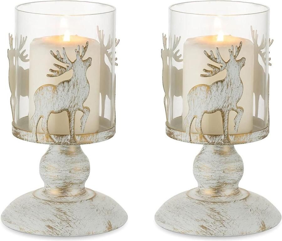 Waxinelichthouder Theelichthouder Distressed Stag Kaarsenhouders Set van 2 Vintage Herten Pijler Kaarshouder Rendieren Theelichthouders Kerst Tafel Middelpunt Mantel Open haard Eetkamer Woonkamer Thuis Ornament