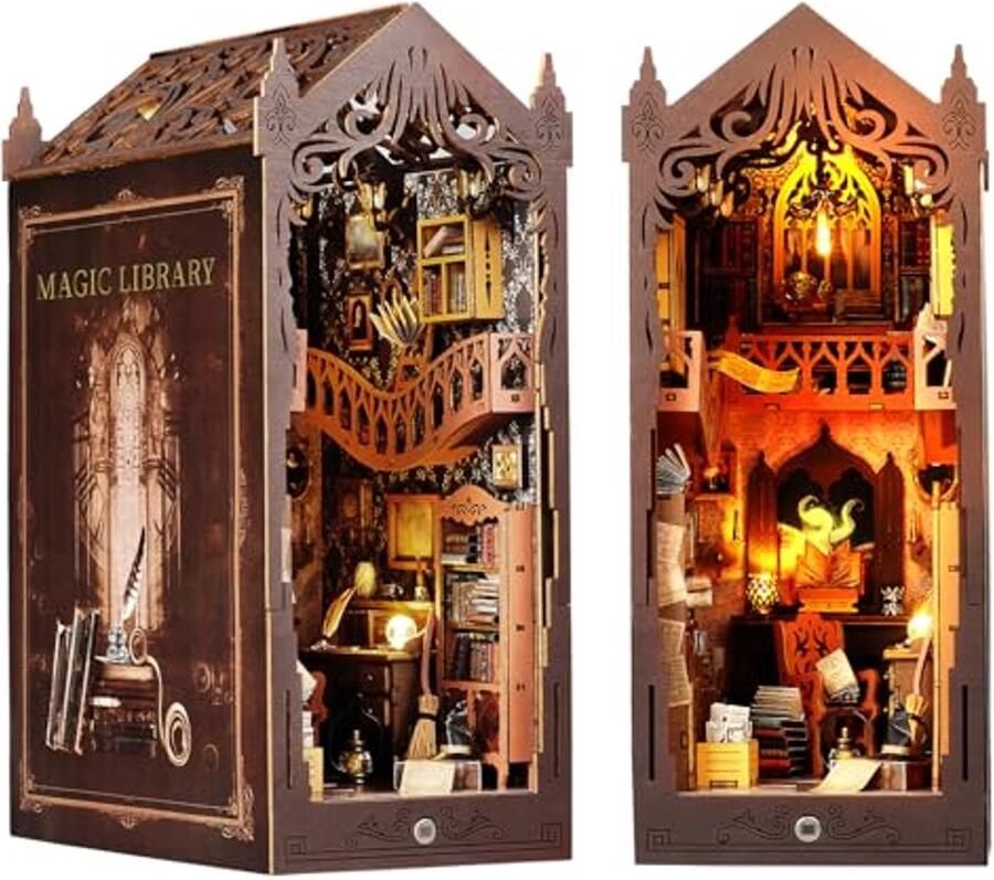 DIY Boekenkast Hoek Kit 3D Miniatuur Huiskit met Sensorlicht en Meubels