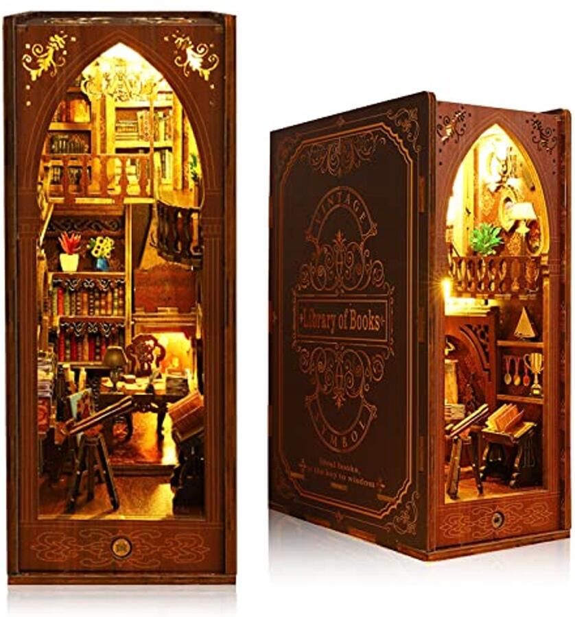 DIY Boekhoek Kit Creatieve 3D Houten Puzzel Boekensteun voor Volwassenen en Tieners Miniatuur Bibliotheek Inrichting met LED Verlichting