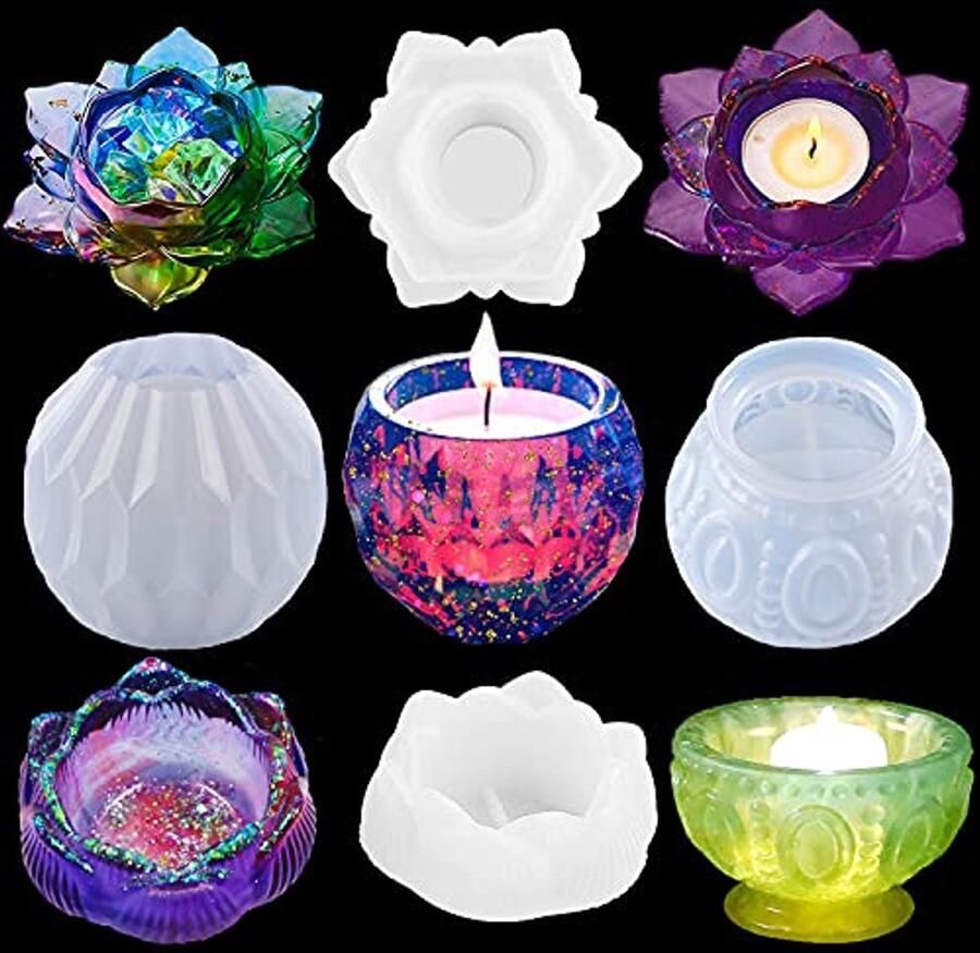 DIY Lotus Lamp Kandelaar Houder 4 Delige Epoxy Hars Mal voor Juwelendoos en Tafeldecoratie