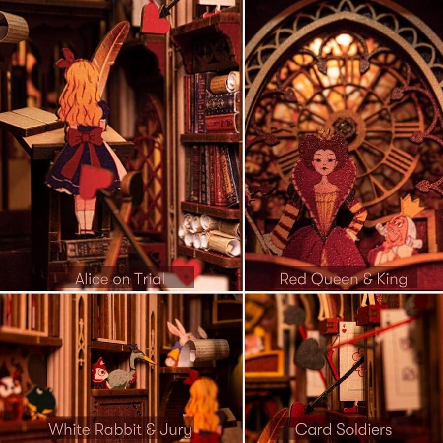 DIY miniatuur poppenhuis Booknook Kit 3D houten puzzel boekensteun boekenkast invoegen decoratie met ledlicht Alice in Wonderland voor jongeren en volwassenen