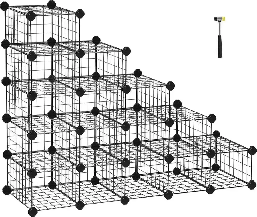 DIY Schoenenrek 15 kubusvormige Opbergsystemen van Metaaldraad modulaire Insteekplank in elkaar grijpende Schoenorganisatie incl. rubberen hamer en anti-tipper Zwart