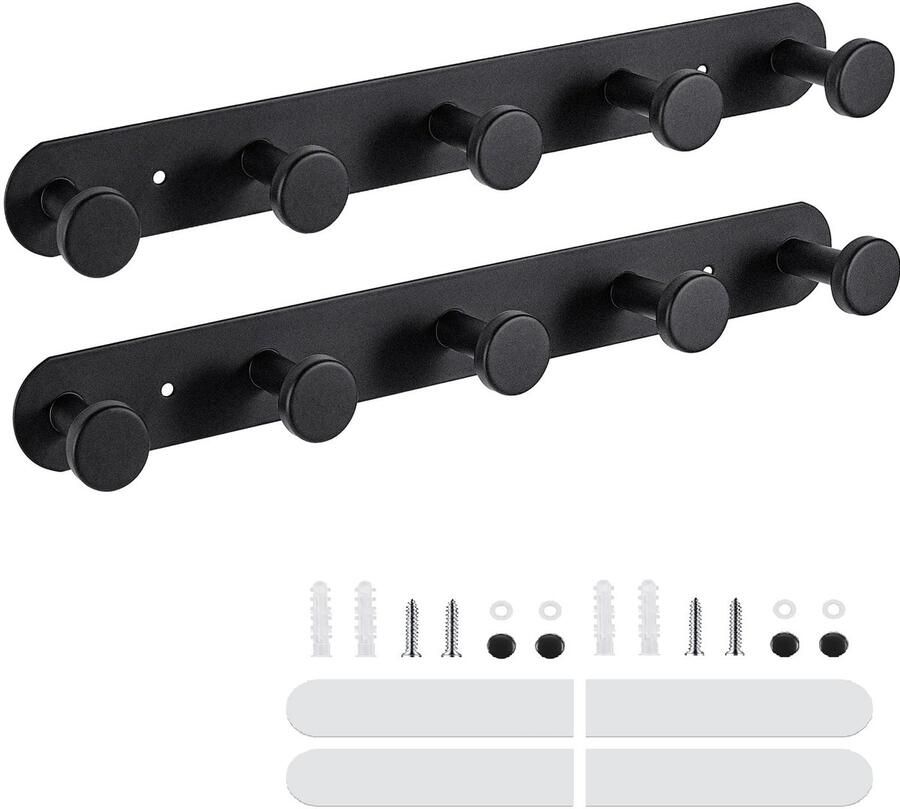 Dntorx 2-pack kapstokhaken zwart haakrail zelfklevend & schroeven zware kapstokstang met 5 haken zelfklevende kapstokhaken wandhaken voor badkamer slaapkamer woonkamer deur