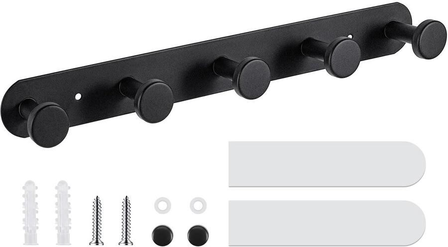 Dntorx kapstokrail zwart zelfklevende kapstokhaken en schroeven robuuste kapstokrail met 5 haken zelfklevende kapstokhaken wandhaken voor badkamer slaapkamer woonkamer deur