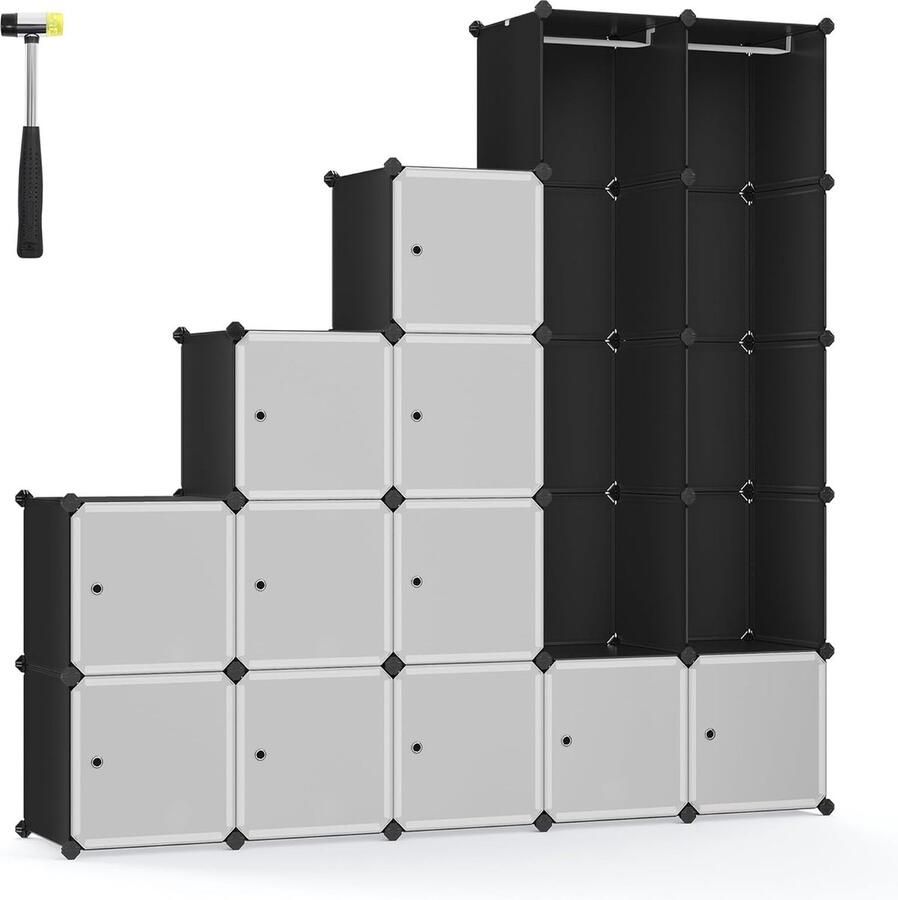 Dobbelrek kledingkast kunststof insteekrek groot reksysteem met deuren en kledingstangen elk vak 35 x 35 x 35 cm voor slaapkamer inktzwart