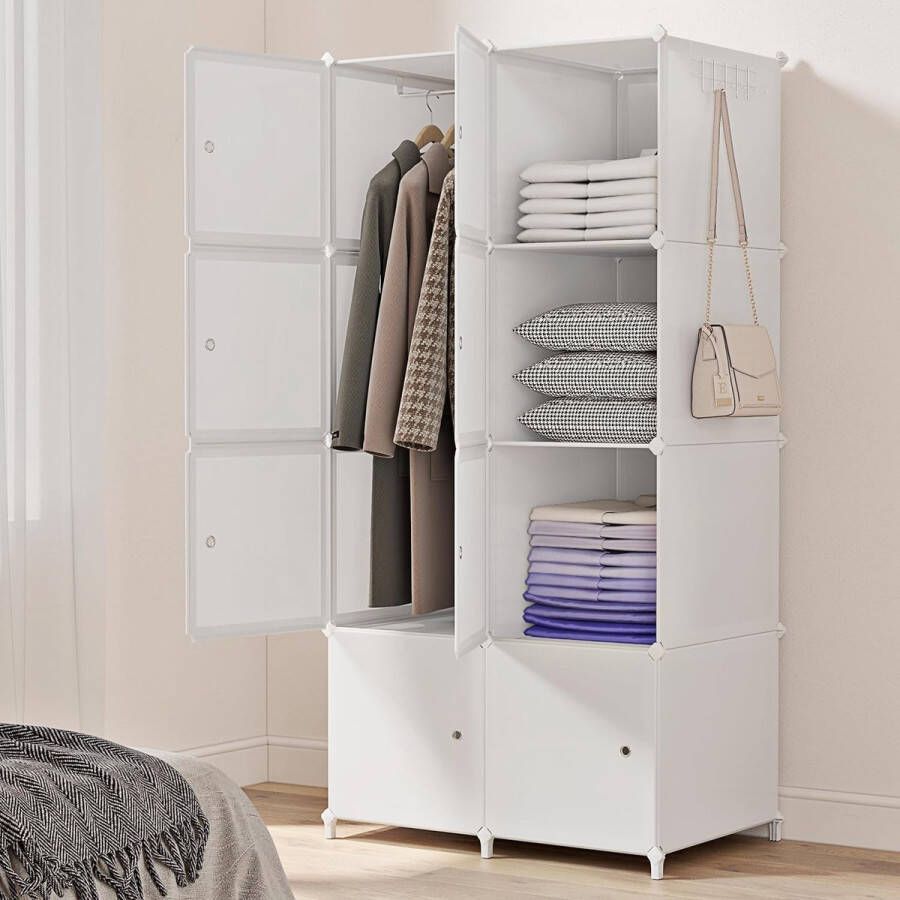 Doe-het-zelf draagbare kledingkast ruimtebesparende modulaire kunststof kast met deuren met hangstang ideale boekenopbergkast woonkamer slaapkamer kinderkamer 8 kubussen