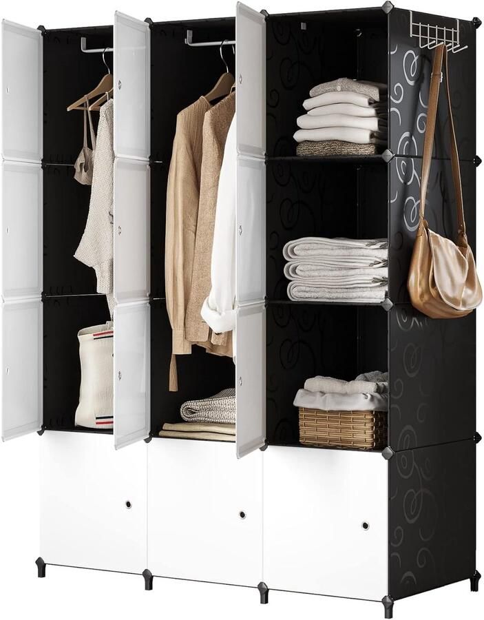 Doe-het-zelf draagbare kledingkast voor hangende kledingkast ruimtebesparende modulaire kunststof kast met deuren ideale opbergorganizer kubus voor boeken woonkamer slaapkamer 12