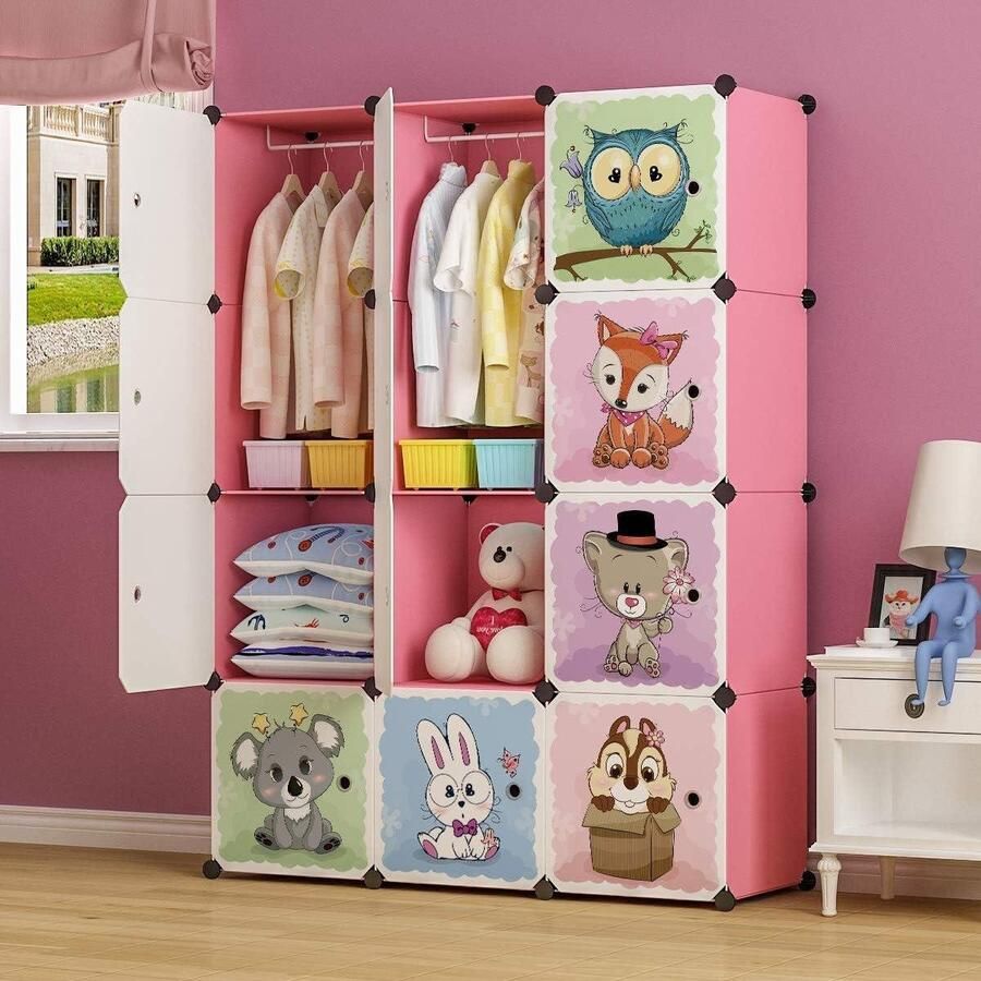 Doe-Het-Zelf Modulaire Cartoon Kledingkast Stevig en Veilig voor Kinderen 8 Kubussen en 2 Hangende Delen Roze 110 x 47 x 147 cm