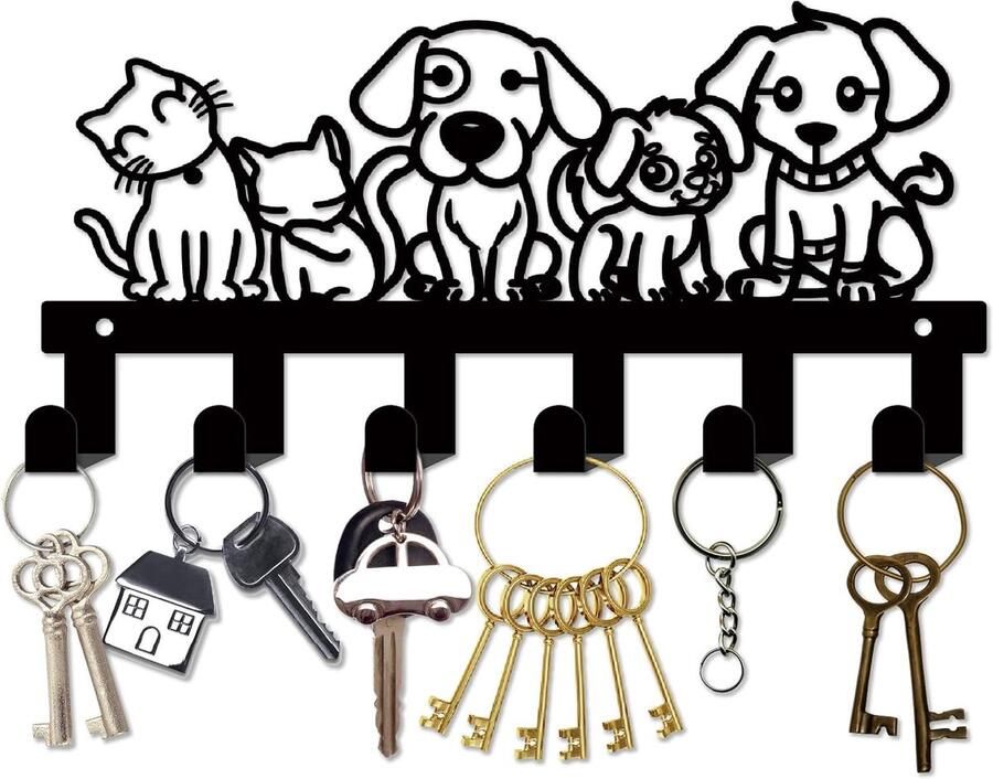 Dog metal key holder wandbeugel kat keychain 6 haken decoratieve zwarte jas handdoek kleding hangrek organizer voor voordeur entree kast kantoor opslag wanddecoratie 25