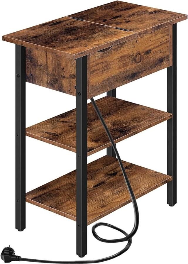 Donkerbruine flip-top bijzettafel EBF342BZ01 met laadstation en legplank (smal design)