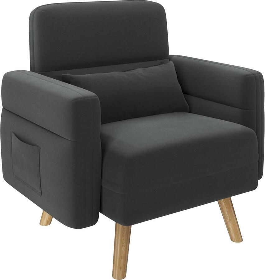 Donkergrijze fauteuil met houten poten relaxstoel met armleuningen en bijbehorende kussens