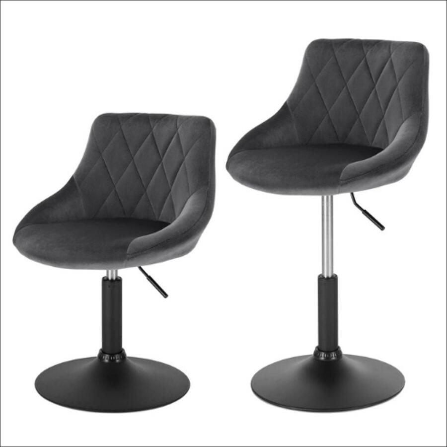 Donkergrijze fluwelen barkruk 2 PCS Verstelbare Barkrukken 360° Draaibaar Met Rugleuning Comfortabele Gevoerde Zitting Duurzaam Metaalframe Anti-slip Vloerbescherming Modern Design Multifunctioneel Gebruik 100 kg Draagvermogen