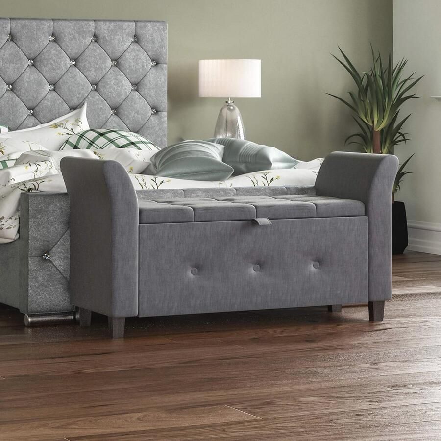 Donkergrijze Opbergpoef met Deksel Stoffen Kist en Voetenbank voor Speelgoed en Zitmeubelen