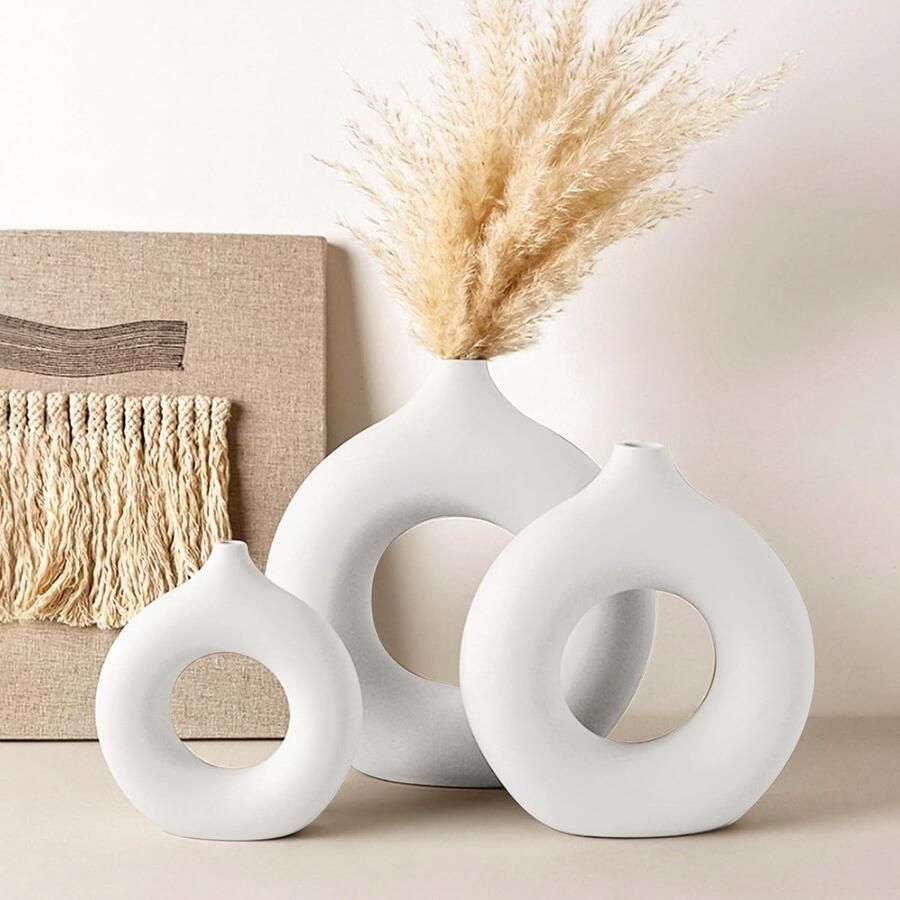 Donut Vaas Witte Donut Keramische Vaas Set van 3 voor Modern Huisdecoratie Ronde Matte Vazen voor Pampasgras Boho Vazen voor Decoratie van Woonkamer Slaapkamer Eettafel (Groot+Medium+Klein)
