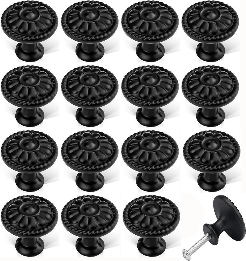 Door Handle 16 Pieces Floral Closet Handle Black Vintage Furniture Knobs Round Knobs Cabinet Retro Decoration for Kitchen Bedroom