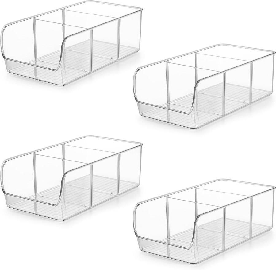 Doorzichtige Plastic Koelkast & Kelder Organizer met Verdelers (4 Pak) Keuken Opslagbakken & Snack Containers Voor Voedsel & Drank Kast Organizers & Kelderopslag