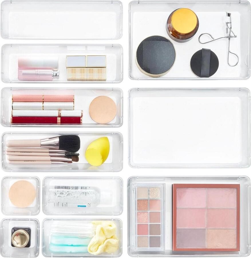 Doorzichtige Plastic Lade Organizer Set 11 Stuks Bureau Lade Verdelers Trays Dressoir Opbergbakken Scheidingsdoos voor Make-up Sieraden Gadgets Slaapkamer Badkamer Kantoor