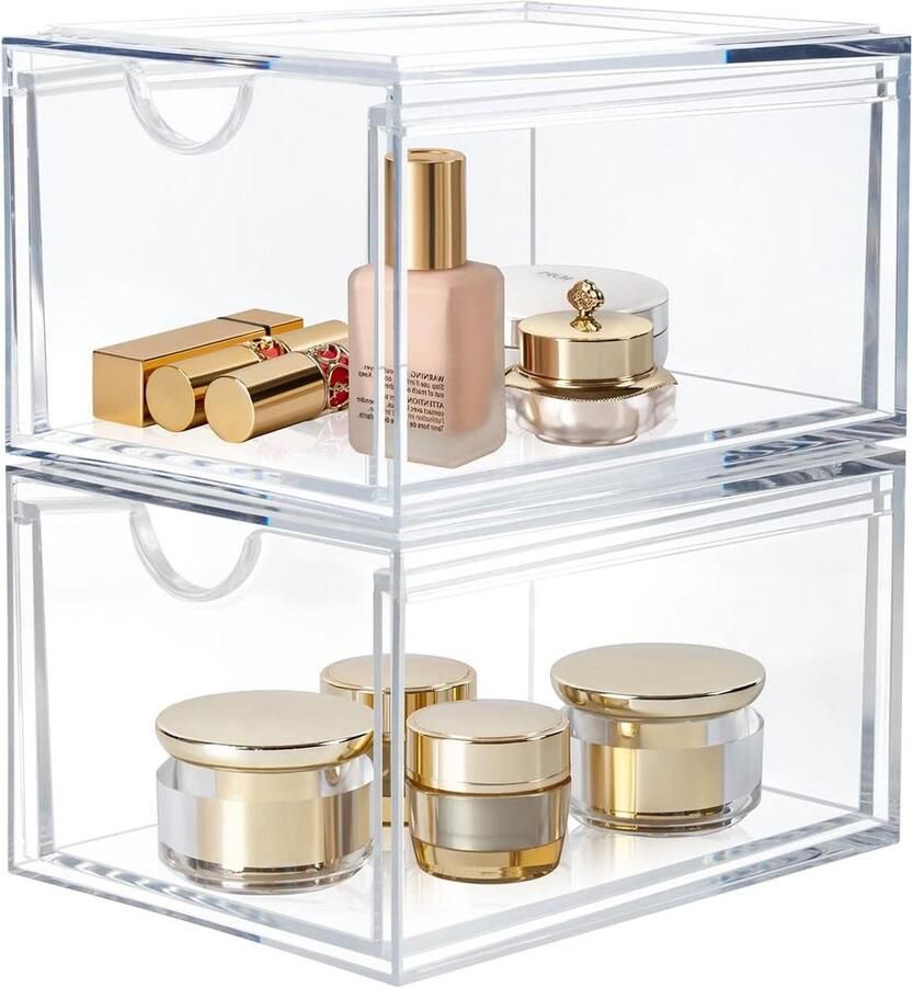 Doorzichtige stapelbare 2-pack opberglade voor badkamer make-up organizer