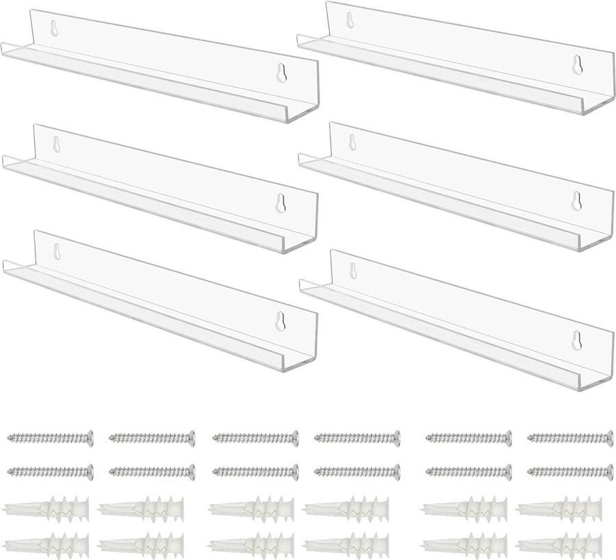Clear Floating Bookshelf (6 Pack) Acrylic Wall Mounted Shelves for Living Room Decorative Picture Shelf Edge Storage and Display Solution