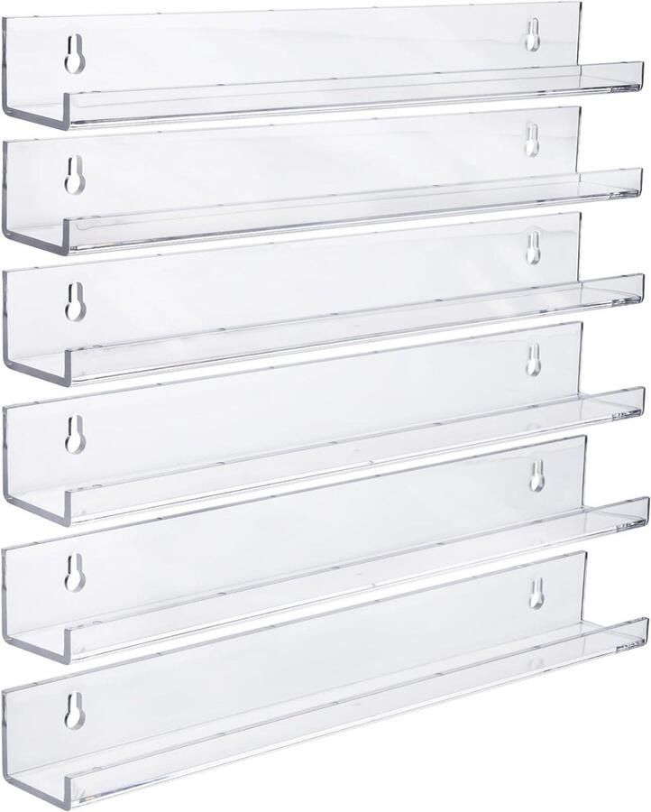 Allecto Plus Zwevende Boekenplank Set van 6 Stuks Decoratieve Planken voor Woonkamer en Keuken Acryl Materiaal Wandmontage voor Opslag en Display