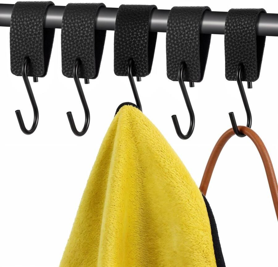 DOPENSPI 5-pack haken voor kledingstang S-haken van metaal met scheurbestendige leren lus multifunctionele haken kinderwagenhaken kampeerhaken voor garderobe jassen badkamer handdoek keuken