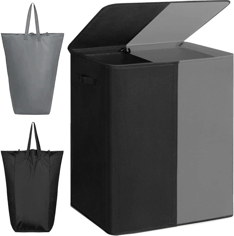 Double Laundry Basket with Lid Large Collapsible 2 Dividers Laundry Basket with Handles for Bedroom Laundry Room Cupboard (Grey + Black)