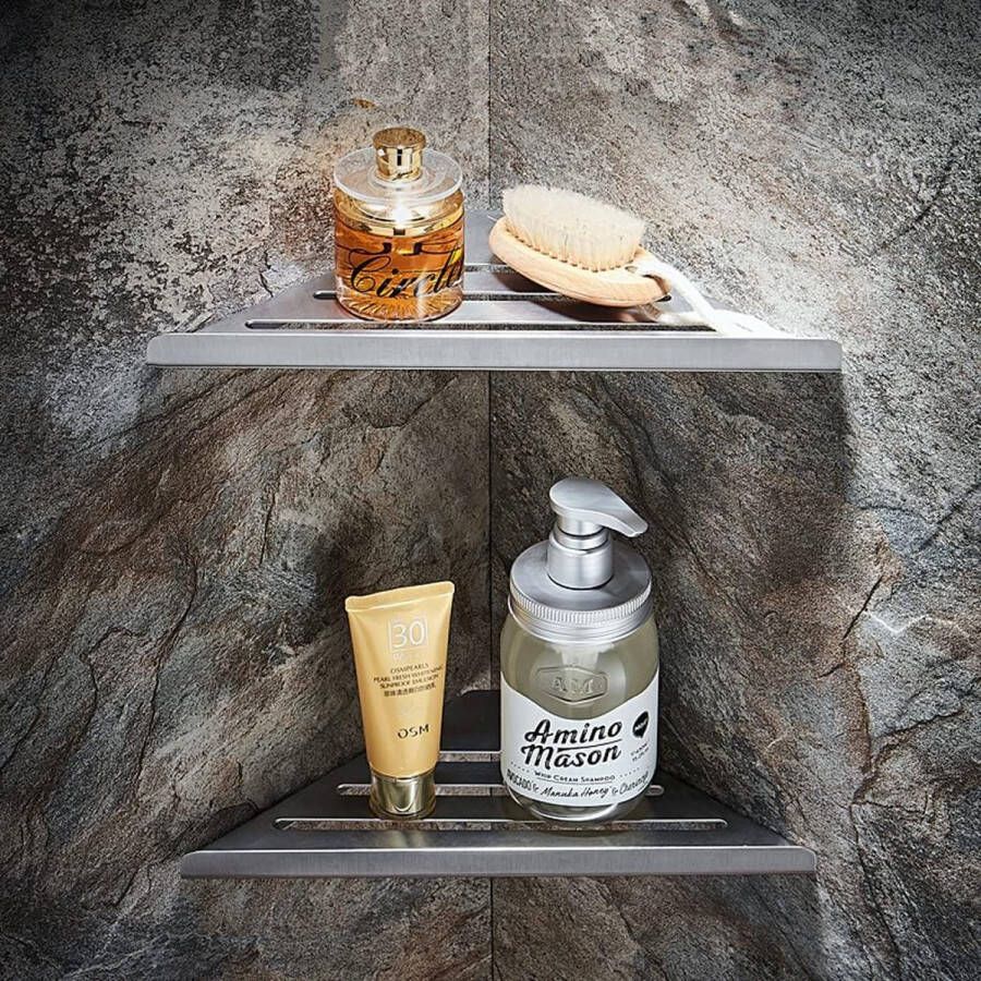 Doucheplank zonder boren hoekdoucheplank roestvrij zelfklevend hoekplank douchemandjes driehoekige douchemand badkamerplank doucheorganizer voor badkamer keuken toilet (geborsteld)