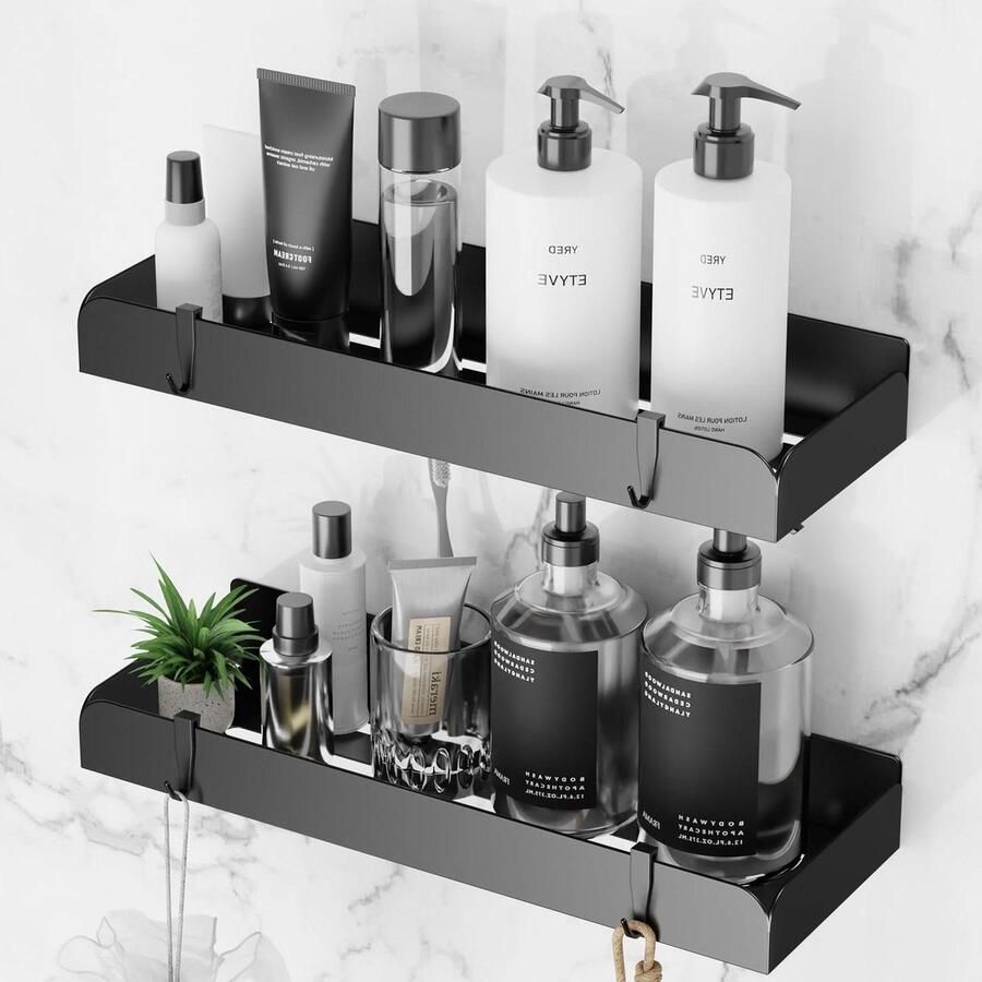 Doucherekjes zonder boren Metaal roestvrij staal zwart Set van 2 Doucheplank badkamerrek wandplank Rek voor badkamer en keuken Wandplanken & -rekken