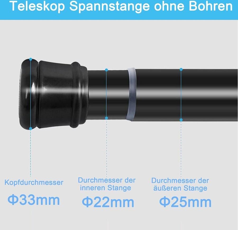 Douchestang 2 stuks voor douchegordijn spanstang kledingstang zonder boren voor kledingkast kasten doe-het-zelfprojecten 70-120 cm zwart (diameter 25 mm)