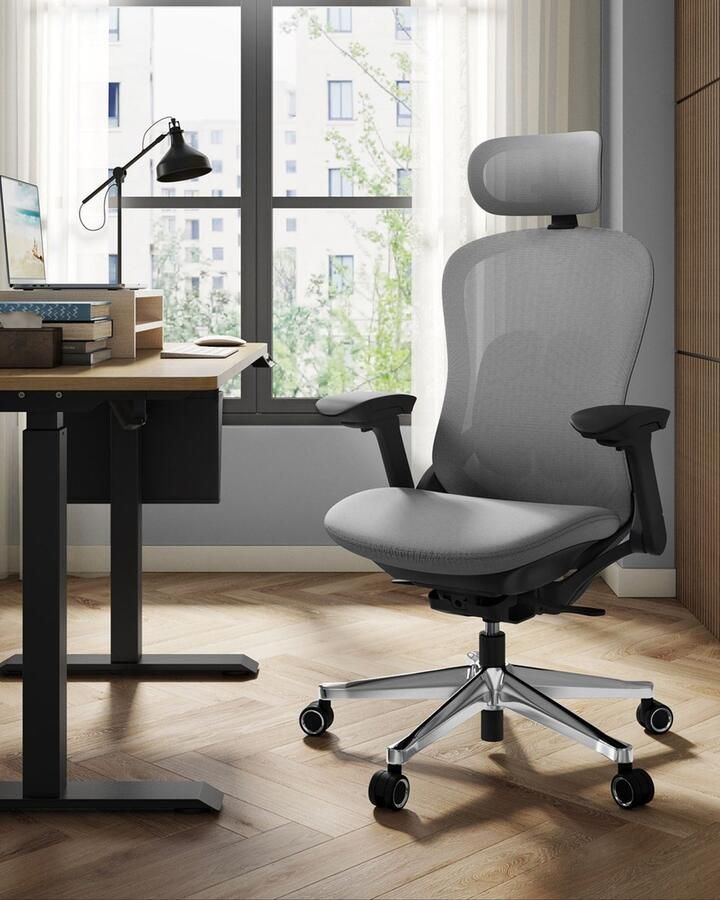 Rootz Living Rootz Dove Grey Bureaustoel Ergonomische stoel Draaistoel Stalen frame Basis van aluminiumlegering Schuimvulling Nylon wielen 70 cm x 70 cm x (117-127) cm Verstelbare zithoogte Ademend polyester materiaal 150 kg draagvermogen