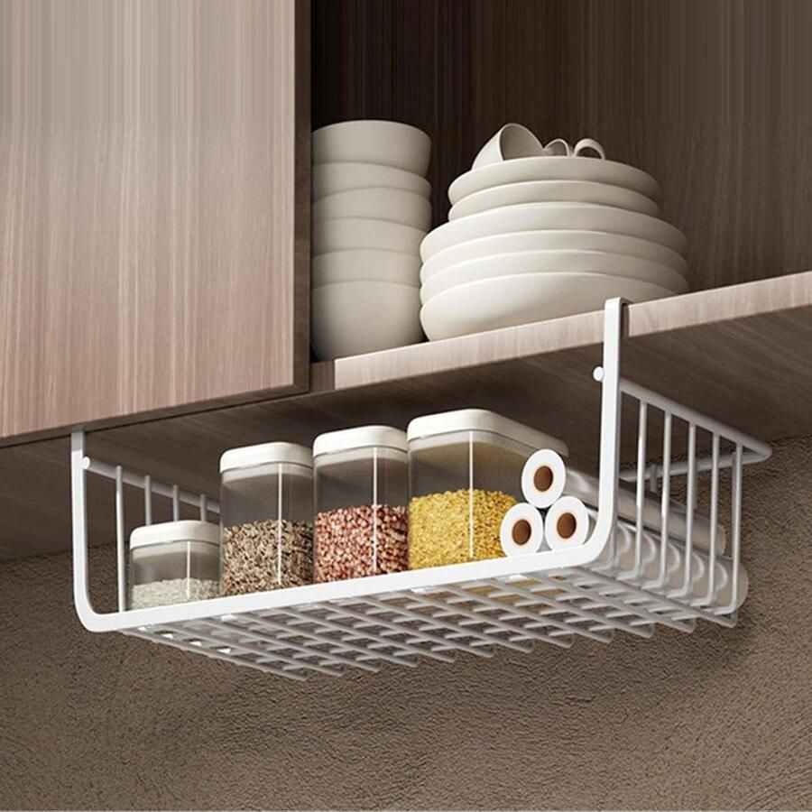 Draad-onderrekmand bewerkte opbergmand metalen multifunctioneel kantoor bureaurek wit maat L