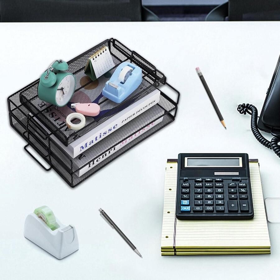 Draadgaas trays bureau metalen gaas brievenbak bureauorganisatoren 2 brievenbakken metalen tijdschriftenhouder bovenste briefpapierhouder bureauorganizer kantoor school