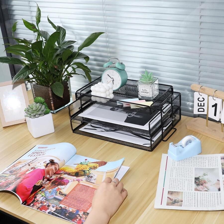Draadgaas trays bureau metalen gaas brievenbak bureauorganisatoren 2 brievenbakken metalen tijdschriftenhouder bovenste briefpapierhouder bureauorganizer kantoor school