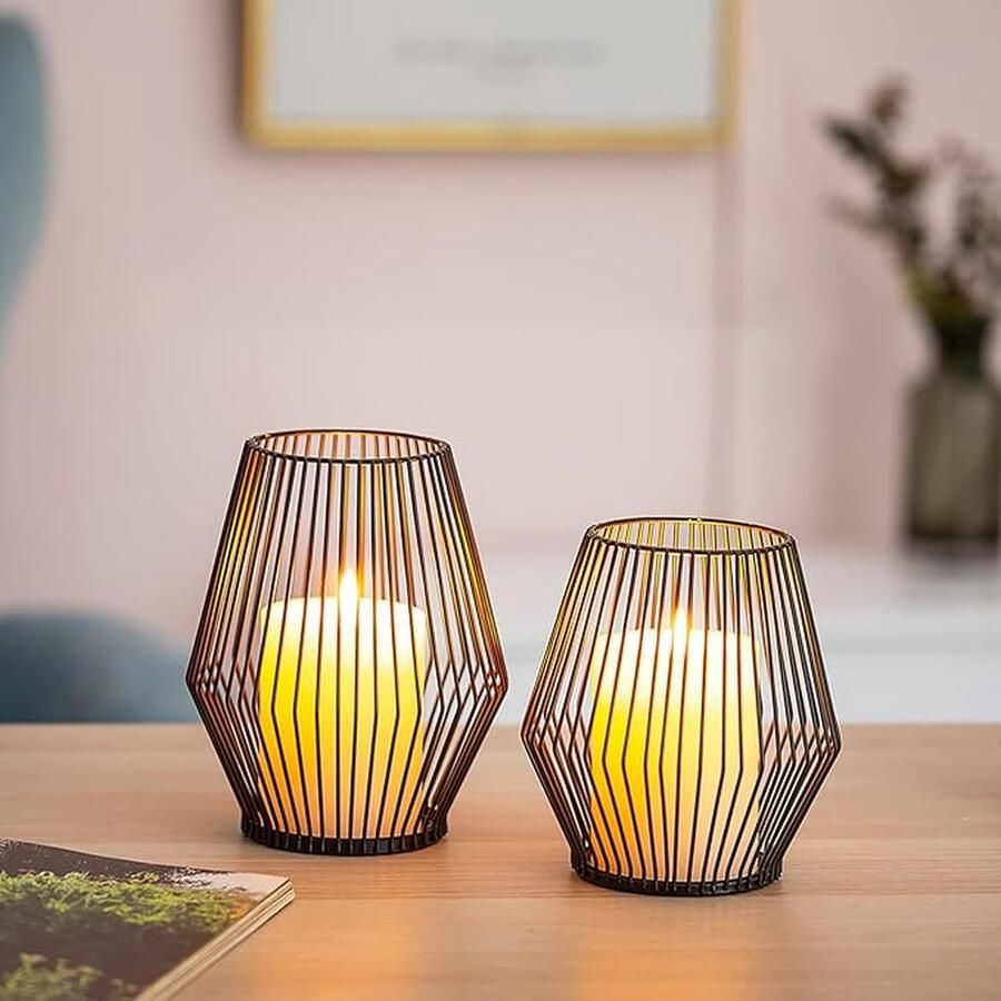 Draadkooi kandelaar set van 2 zwarte lantaarn metalen kandelaars houder vintage pijler kandelaar voor woonkamer tafels kandelaar voor kerst bruiloft eetkamer open haard schoorsteen decor