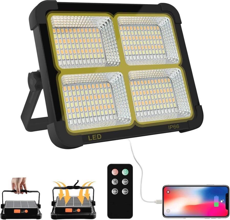 Draadloze Led-werklamp met Accu en Zonnepaneel 100 W 336 Leds 4 Lichtmodi Oplaadbare Powerbank voor Kamperen en Buitenactiviteiten