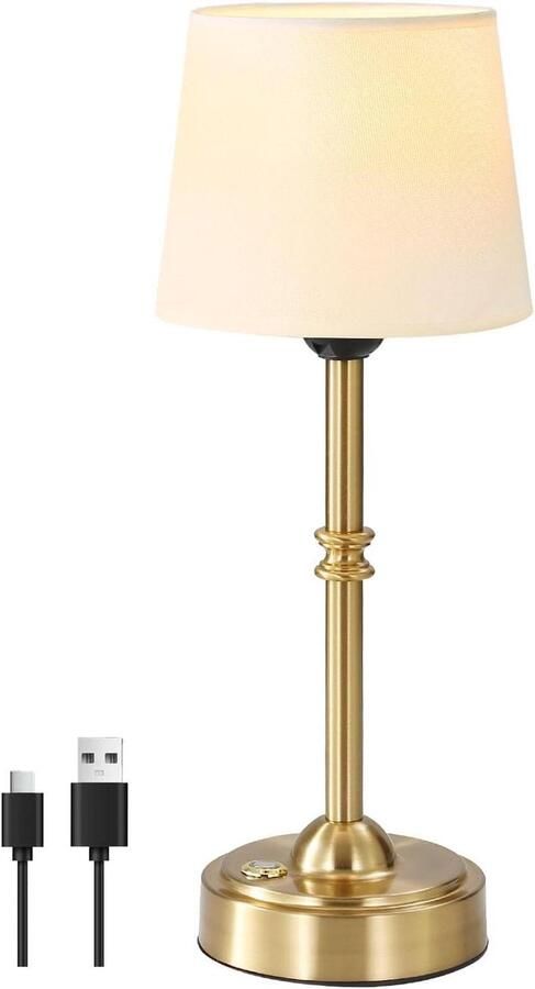 Oplaadbare Tafellamp Met Touch Schakelaar USB Batterij en Linnen Stof Lampenkap 6000mah2700K LED Dimbaar Draadloos Nachtkastlampje Retro Messing